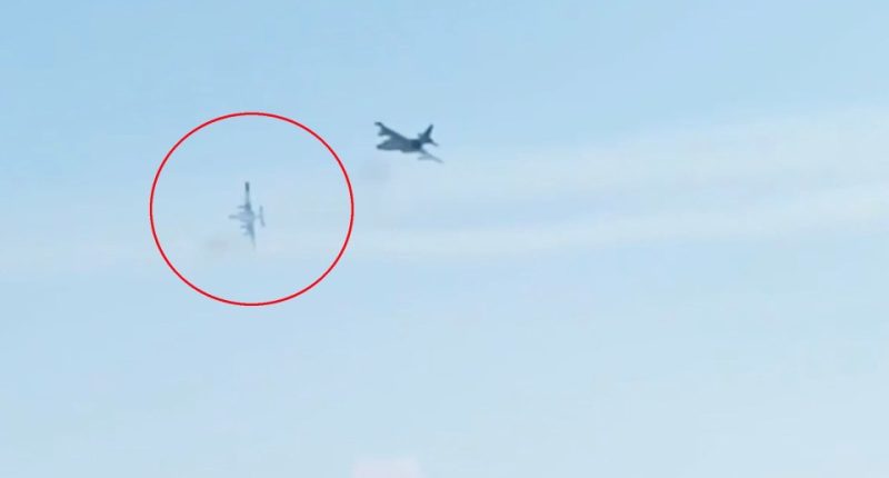 A Su-25 attack jet crashing in the Donetsk region.