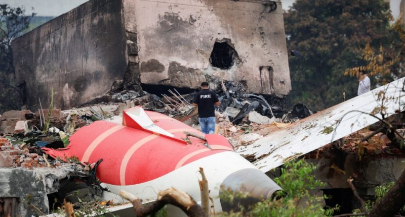 Wreckage of a crashed Air India Boeing 787-8 Dreamliner aircraft.