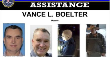 This image provided by the FBI on Saturday, June 14, 2025, shows part of a poster with photos of Vance L. Boelter