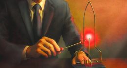 Illustration of a man playing a ‘buzz wire’ game with the electrically-charged wire shaped as a rocket