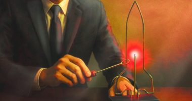 Illustration of a man playing a ‘buzz wire’ game with the electrically-charged wire shaped as a rocket