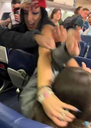 A woman in a red hat assaulting another woman on an airplane.