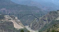High-altitude view of the Chenab Bridge in Reasi, India.