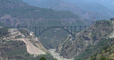 High-altitude view of the Chenab Bridge in Reasi, India.