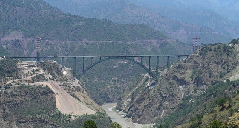 High-altitude view of the Chenab Bridge in Reasi, India.