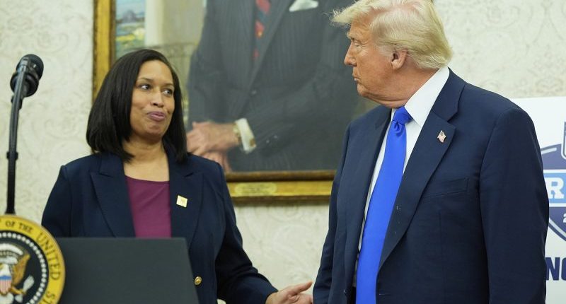 Mayor Muriel Bowser (D) speaks as President Trump