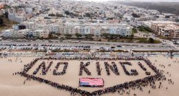 People forming message "No King!", aerial shot