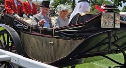 King Charles III and Queen Camilla arrive at Royal Ascot in horse-drawn carriages that travel along the track and into the Parade Ring