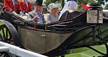 King Charles III and Queen Camilla arrive at Royal Ascot in horse-drawn carriages that travel along the track and into the Parade Ring