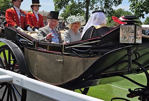 King Charles III and Queen Camilla arrive at Royal Ascot in horse-drawn carriages that travel along the track and into the Parade Ring