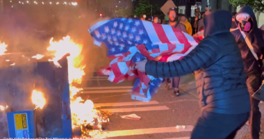 Man saves US flag from flames at anti-ICE protest in Seattle