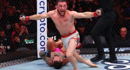 Merab Dvalishvili chokes Sean O'Malley into submission in front of Donald Trump at UFC 316 before jumping over octagon for chat with president in New Jersey