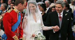 Michael Middleton, the father of Catherine, the Princess of Wales, is pictured with his daughter and son-in-law on their wedding day in April 2011