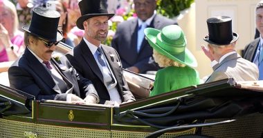 Prince Saud bin Khalid Al-Saud, the Prince of Wales, Queen Camilla and King Charles arriving by carriage at Ascot