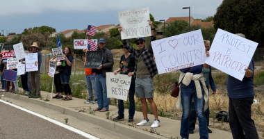 Protestors gather outside of Camp Pendleton to oppose use of military against civil demonstrations
