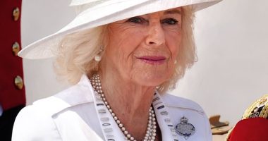 Queen Camilla (pictured) donned a white silk crepe dress with silver embroidery by Anna Valentine with a hat by Philip Treacy as she made her way for today's festivities
