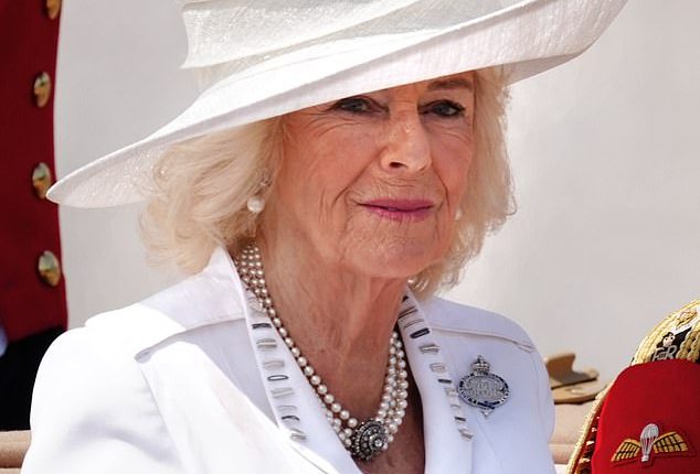 Queen Camilla (pictured) donned a white silk crepe dress with silver embroidery by Anna Valentine with a hat by Philip Treacy as she made her way for today's festivities