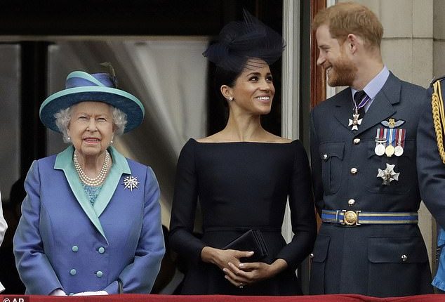Harry and Meghan, pictured with the Queen on the Buckingham Palace balcony in July 2018, insisted they had the late monarch's permission to use her childhood nickname for their daughter
