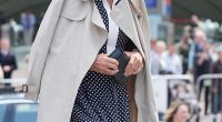 Camilla, 77, looked looked regal as she stepped out in London sporting an elegant polka-dot monochrome Fiona Clare couture maxi dress