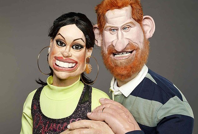 Meghan, Duchess of Sussex, and Prince Harry, Duke of Sussex, as seen on the satirical show Spitting Image in 2020