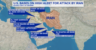 Map of U.S. military bases at highest risk for strike by Iran,