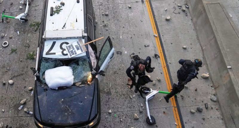 Video: Protesters throw rocks at officers from LA freeway bridge