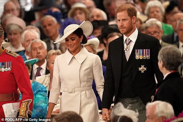 Prince Harry and Meghan Markle arrive to attend a Service of Thanksgiving for the 2022 Platinum Jubilee of Queen Elizabeth II