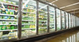 Frozen food aisle in a supermarket.