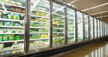 Frozen food aisle in a supermarket.