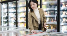 Woman shopping for frozen food in a supermarket.