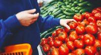 Woman in blue sweatshirt selecting tomatoes at a market.