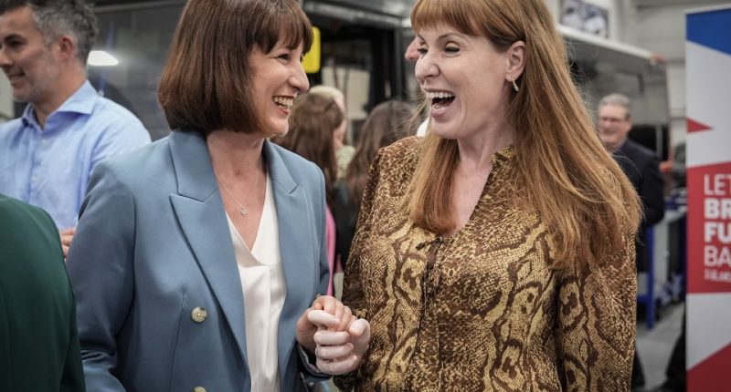 Rachel Reeves and Angela Rayner smiling and holding hands.