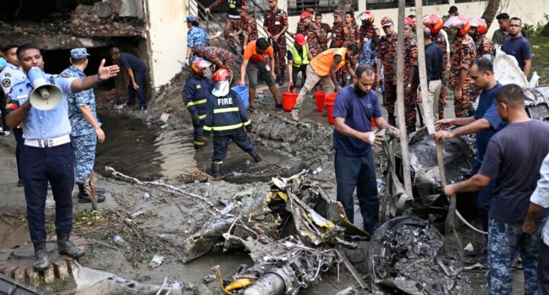 A Bangladesh Air Force training jet crashes into a Dhaka school, killing at least 19