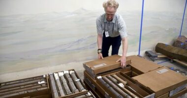 Geologist James Hagadorn closes boxes of core rock samples at the Denver Museum of Nature & Science on July 9, 2025. (AP Photo/Thomas Peipert)
