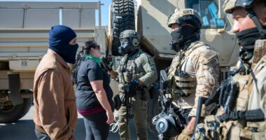 Federal immigration agents talk to Rebecca Torres, second left, after she tried to block a military vehicle during a raid in the agriculture area of Camarillo, Calif., Thursday, July 10, 2025. (AP Photo/Michael Owen Baker)