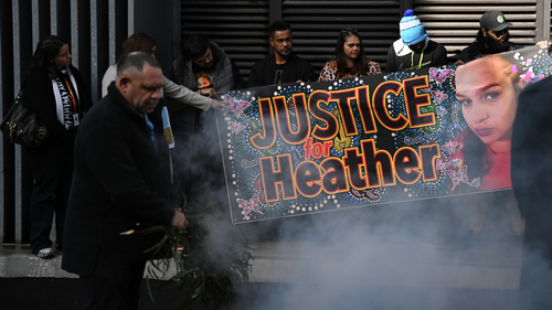 Supporters of Heather Calgaret attend a smoking ceremony during the inquest into the death of Heather Calgaret at the Coroners Court of Victoria in Melbourne, Monday, July 28, 2025.