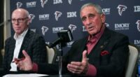 Atlanta Falcons owner Arthur Blank, right, discusses the decision to dismiss head coach Arthur Smith as CEO Rich McKay looks on during a news conference Monday, Jan. 8, 2024, in Atlanta. (AP Photo/John Bazemore)