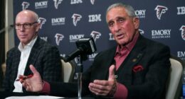 Atlanta Falcons owner Arthur Blank, right, discusses the decision to dismiss head coach Arthur Smith as CEO Rich McKay looks on during a news conference Monday, Jan. 8, 2024, in Atlanta. (AP Photo/John Bazemore)