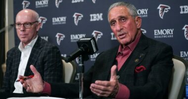 Atlanta Falcons owner Arthur Blank, right, discusses the decision to dismiss head coach Arthur Smith as CEO Rich McKay looks on during a news conference Monday, Jan. 8, 2024, in Atlanta. (AP Photo/John Bazemore)