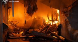 Burned-out building after a Russian attack.