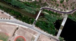 Satellite image of Ingram Dam in Ingram, Texas before flash flooding.