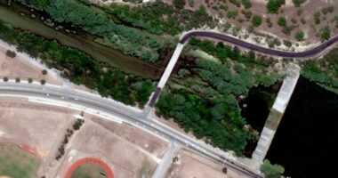 Satellite image of Ingram Dam in Ingram, Texas before flash flooding.