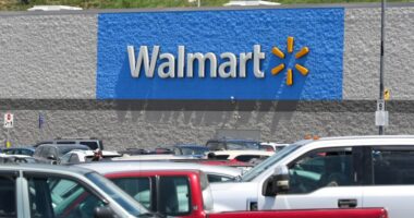 A Walmart store with a full parking lot.