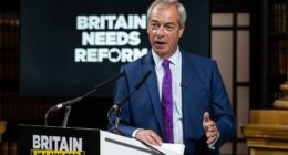 Nigel Farage speaking at a press conference.