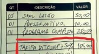 Receipt from a Fortaleza cabaret showing charges for drinks, condoms, a show, and a 50% Trump tariff for an American customer.