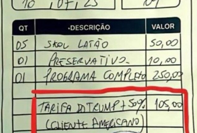 Receipt from a Fortaleza cabaret showing charges for drinks, condoms, a show, and a 50% Trump tariff for an American customer.