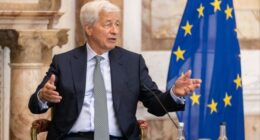 Jamie Dimon, chief executive officer of JPMorgan Chase, speaks during an event in Dublin, Ireland on July 10, 2025