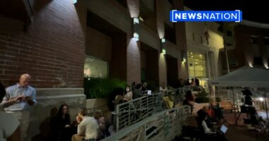 A line of people outside the courthouse.