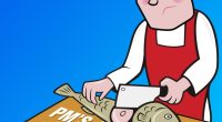 Illustration of a man cutting fish on a cutting board labeled "PM's Flagship Welfare Reforms".