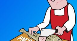 Illustration of a man cutting fish on a cutting board labeled "PM's Flagship Welfare Reforms".